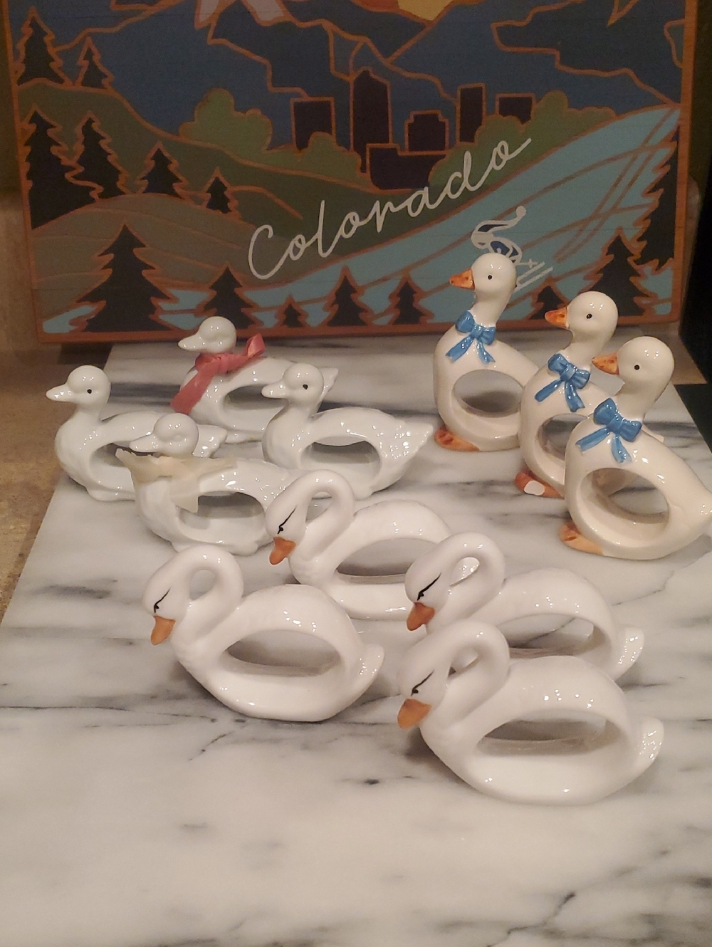 Vintage White Ceramic Swan/Geese/Ducks Napkin Rings - Blue Bow Accents